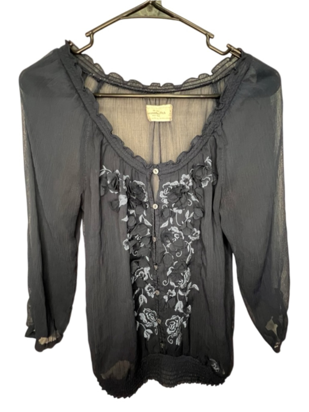 Abercrombie & Fitch Black Sheer Floral-Embroidered Blouse